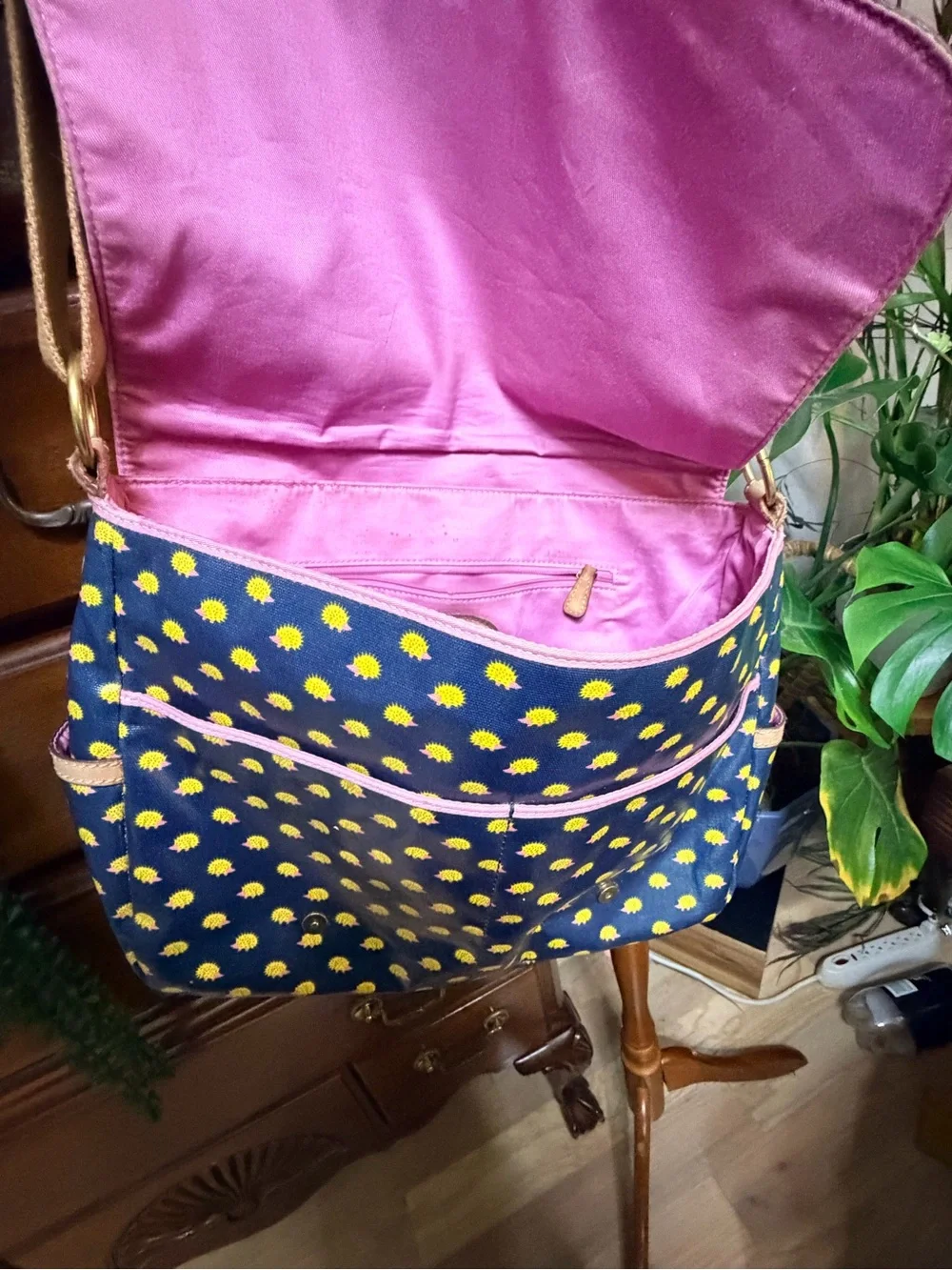 Restored Fossil Canvas Water Resistant Messenger Bag with Hedgehog Print